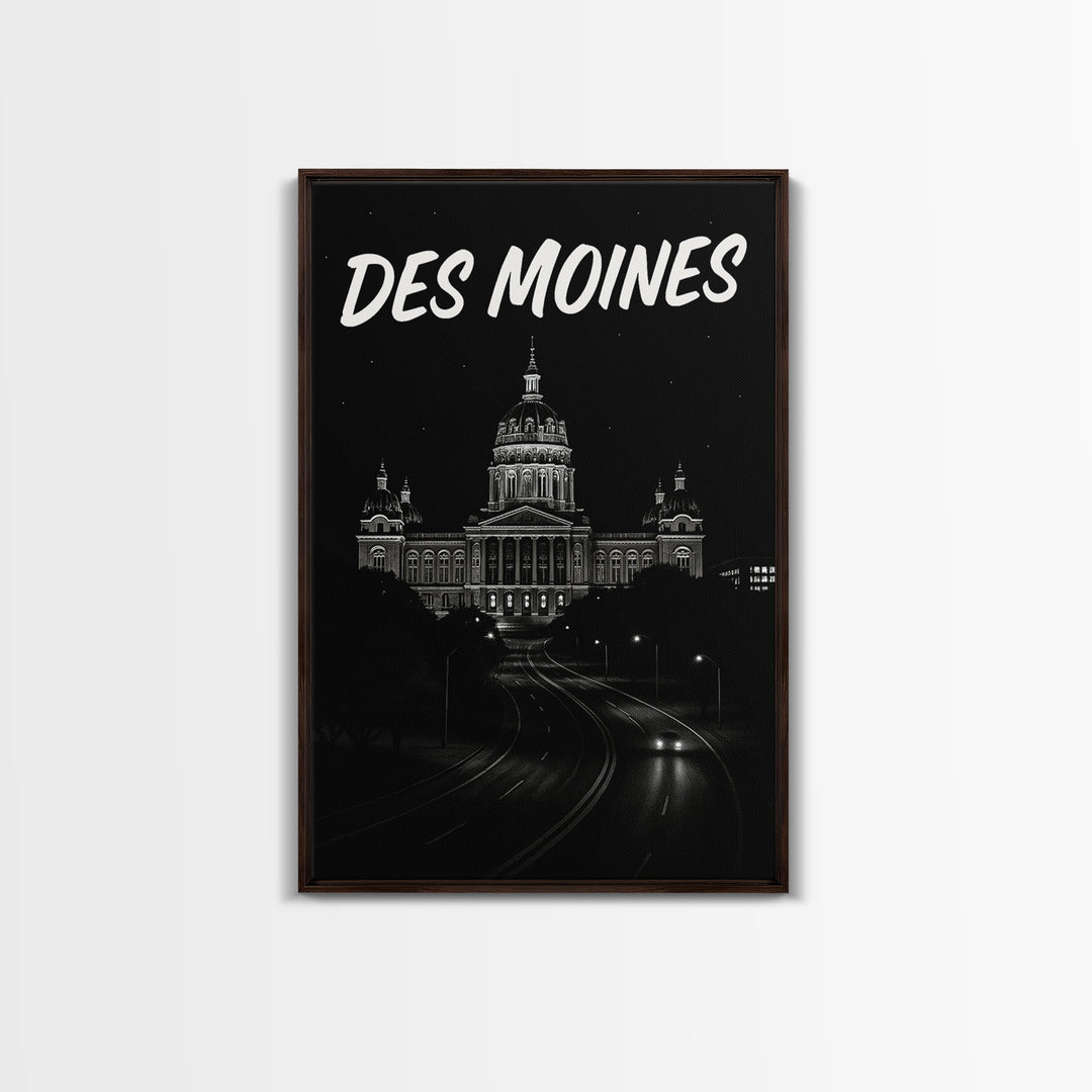 Des Moines Travel Poster, Canvas Print, Black And White Travel Art, Des Moines Wall Art, Travel Art Print, Gift For Travelers, Design 2