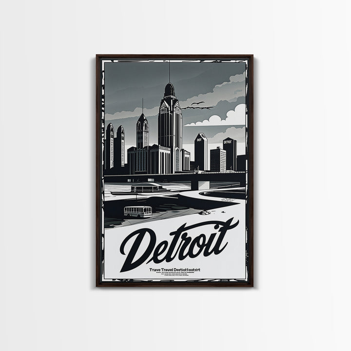 Detroit Travel Poster, Canvas Print, Dark Moody City Wall Art, Detroit Travel Art, Home Office Decor, Modern Wall Decor, Gift For Travelers