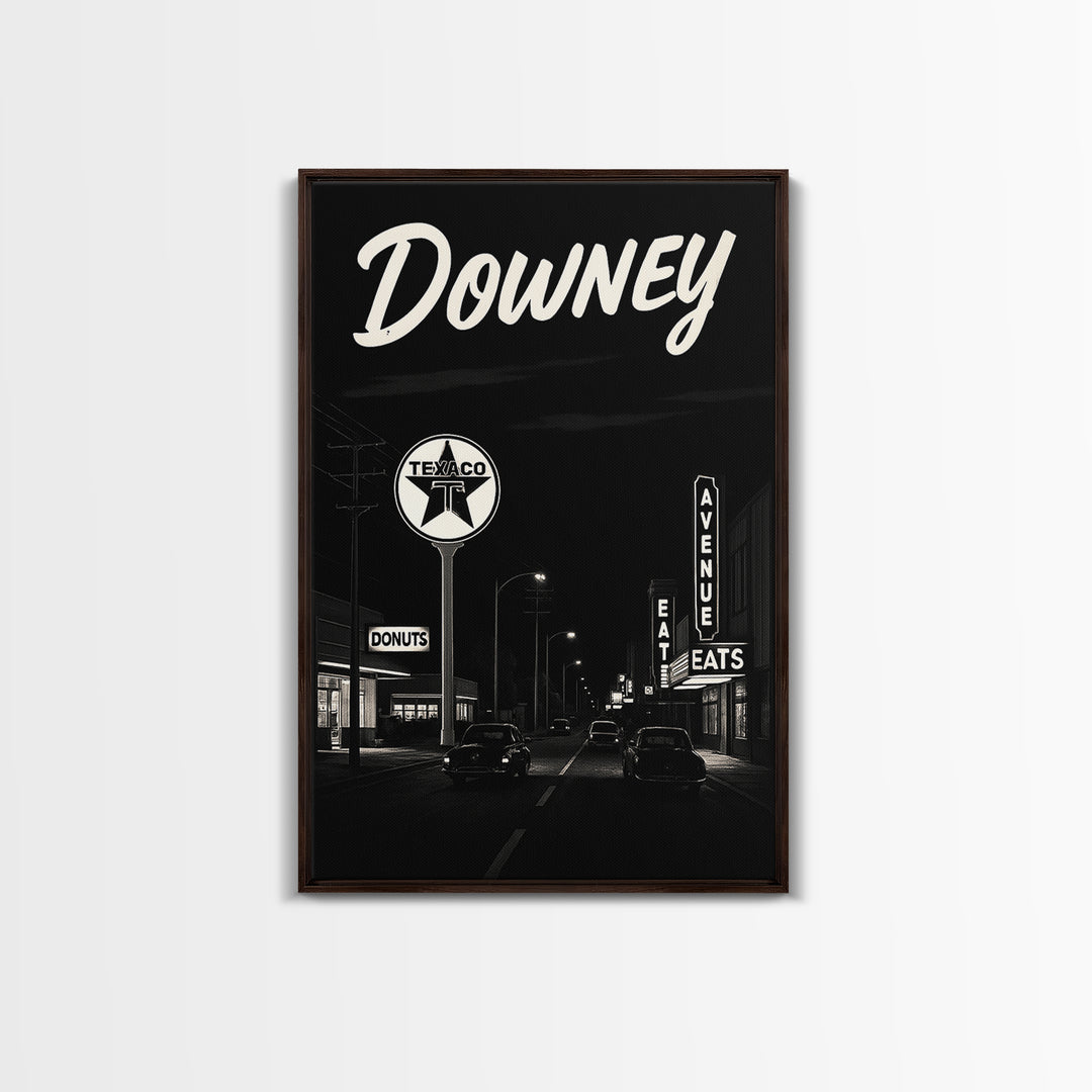 Downey Travel Poster, Canvas Print, Dark Moody City Wall Art, Downey Art Print, Travel Wall Decor, Travel Art Print, City Art Print
