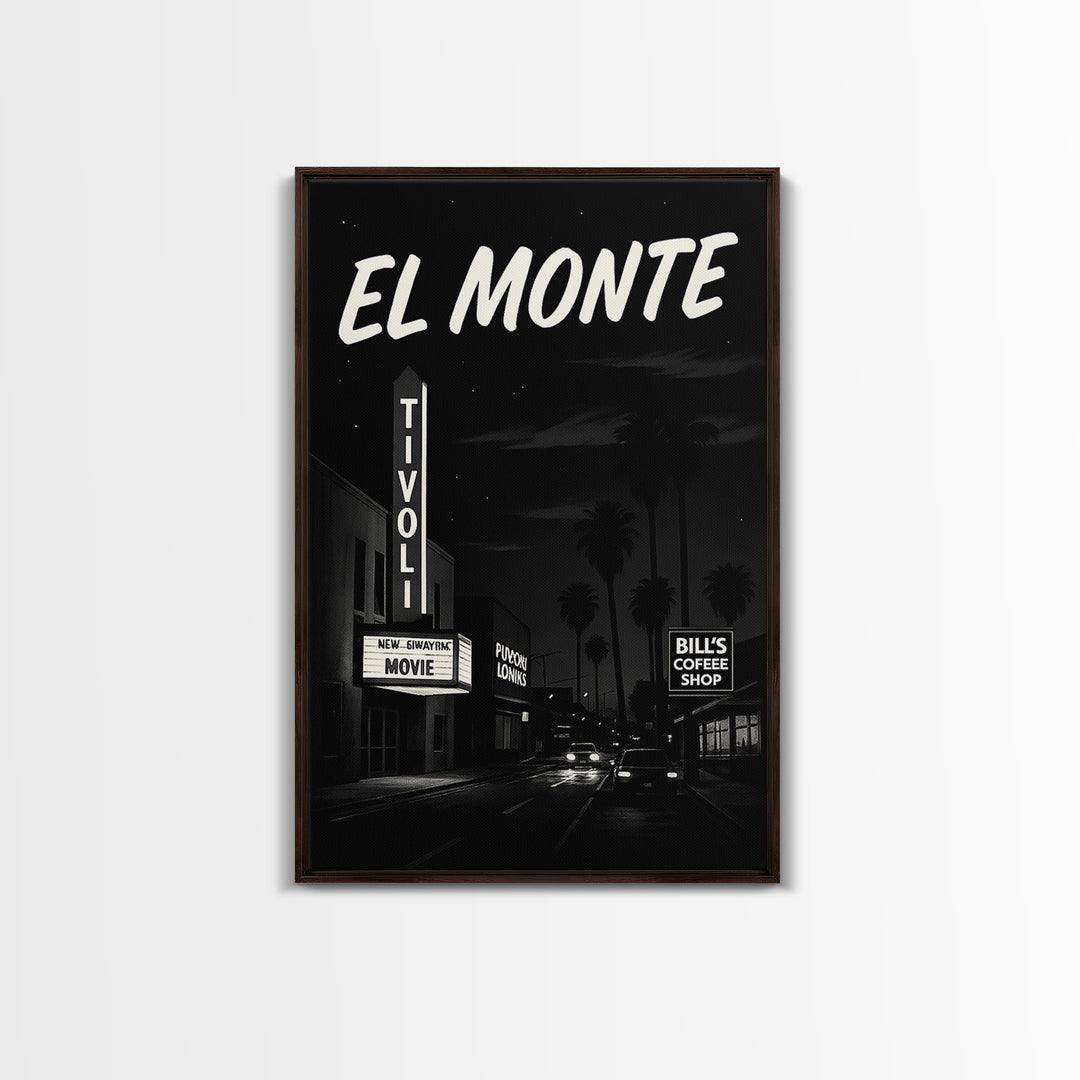 El Monte Travel Poster, Framed Canvas Print, Vintage Noir Poster Art, El Monte Wall Art, Vintage City Art, Retro Travel Print, Design 2