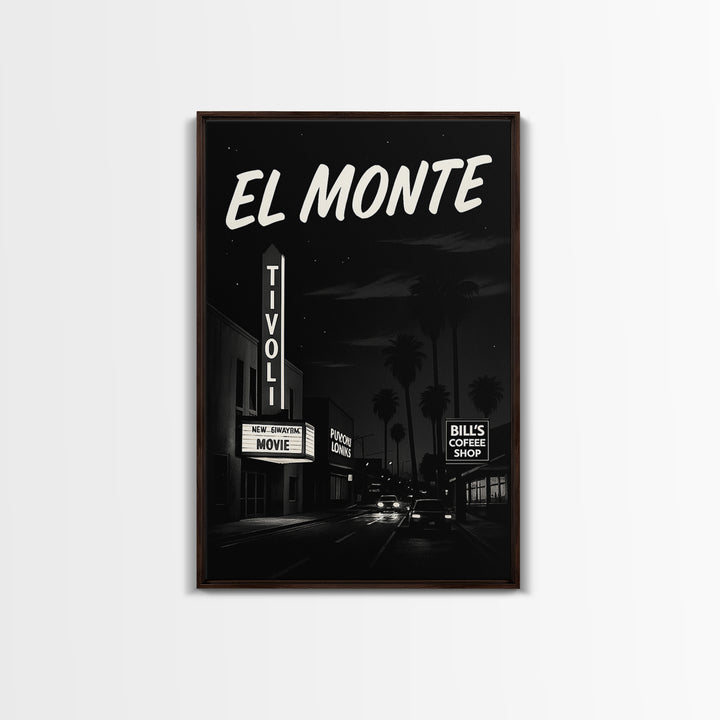 El Monte Travel Poster, Framed Canvas Print, Vintage Noir Poster Art, El Monte Wall Art, Vintage City Art, Retro Travel Print, Design 2