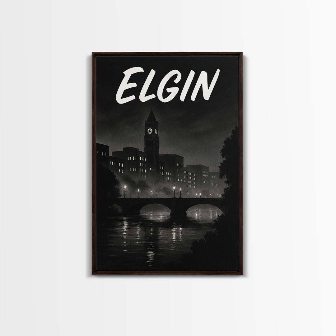 Elgin Illinois Travel Poster, Canvas Print, Dark Moody City Wall Art, Elgin City Art, Travel Poster Art, Wall Art, Travel Wall Decor