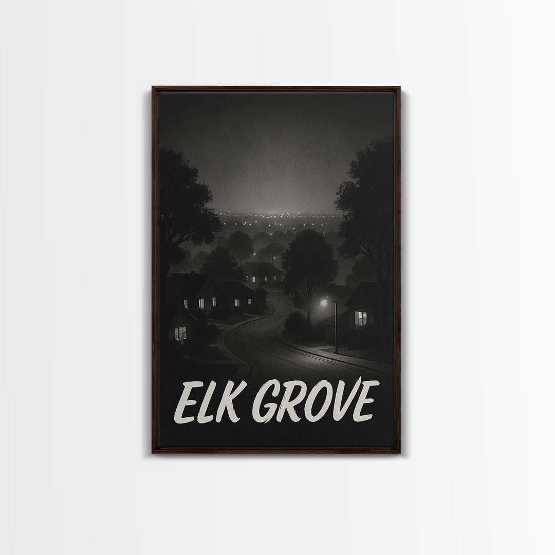 Elk Grove California Travel Poster, Canvas Print, Dark Moody City Wall Art, Elk Grove Art Print, Art Print, Travel Poster Set