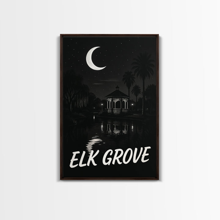 Elk Grove Travel Poster, Canvas Print, Dark Moody City Wall Art, Elk Grove Art Print, Wanderlust Decor, City Art Print, Travel Art Print