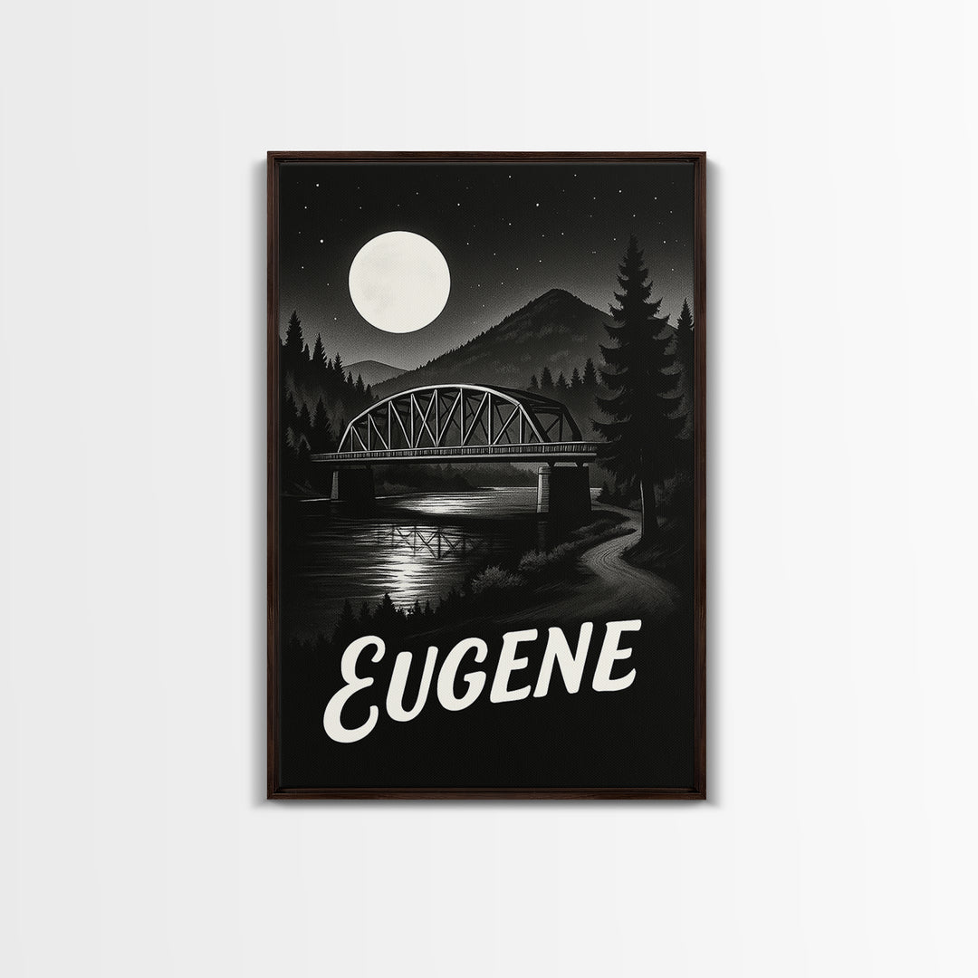 Eugene Travel Poster, Framed Canvas Print, Night Street Poster Art, Eugene Art Print, Retro Travel Print, Fine Art Print, Travel Poster Art