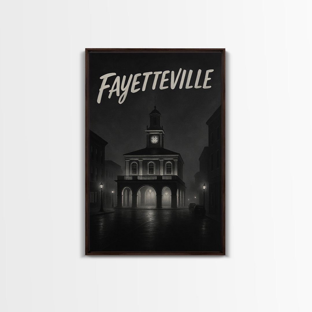 Fayeteville Travel Poster, Framed Canvas Print, Night Street Poster Art, Fayeteville Art Print, City Travel Prints, Vintage City Art