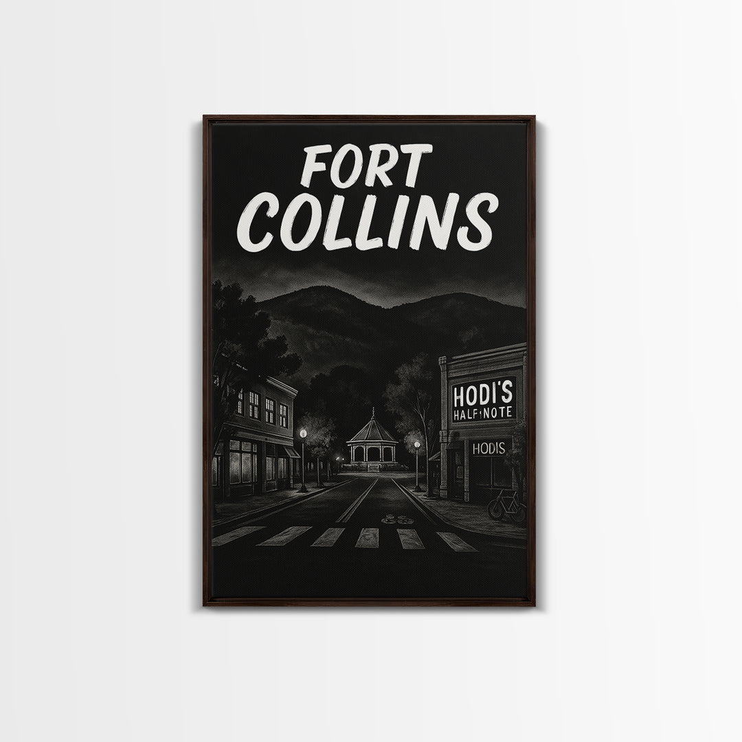 Fort Collins Travel Poster, Framed Canvas Print, Dark Moody City Wall Art, Fort Collins Travel Art, Mid Century Wall Art, Travel Art Print