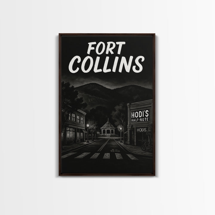 Fort Collins Travel Poster, Framed Canvas Print, Dark Moody City Wall Art, Fort Collins Travel Art, Mid Century Wall Art, Travel Art Print
