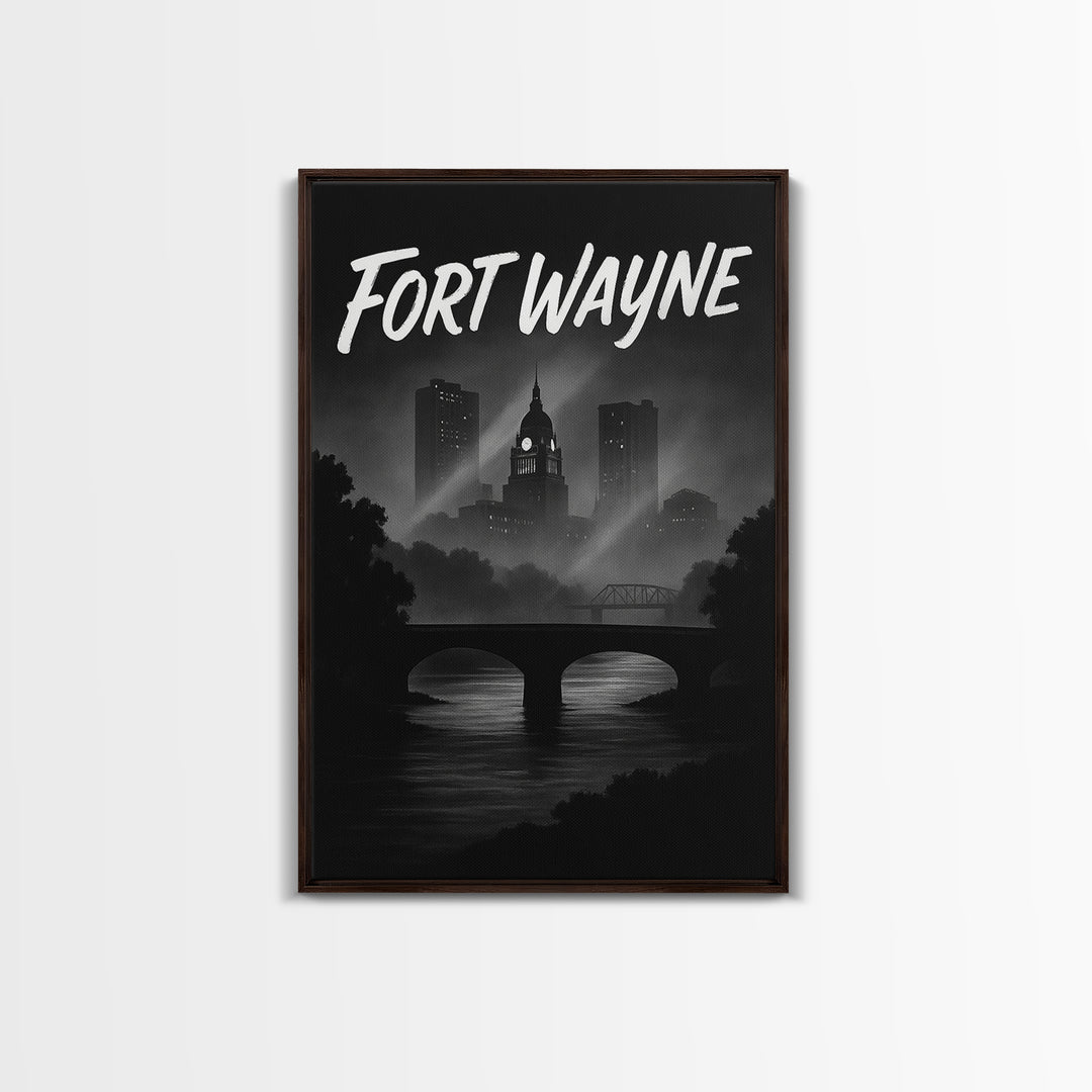 Fort Wayne Indiana Travel Poster, Canvas Print, Night Street Poster Art, Fort Wayne Wall Art, Retro Travel Print, Watercolor Urban Skyline