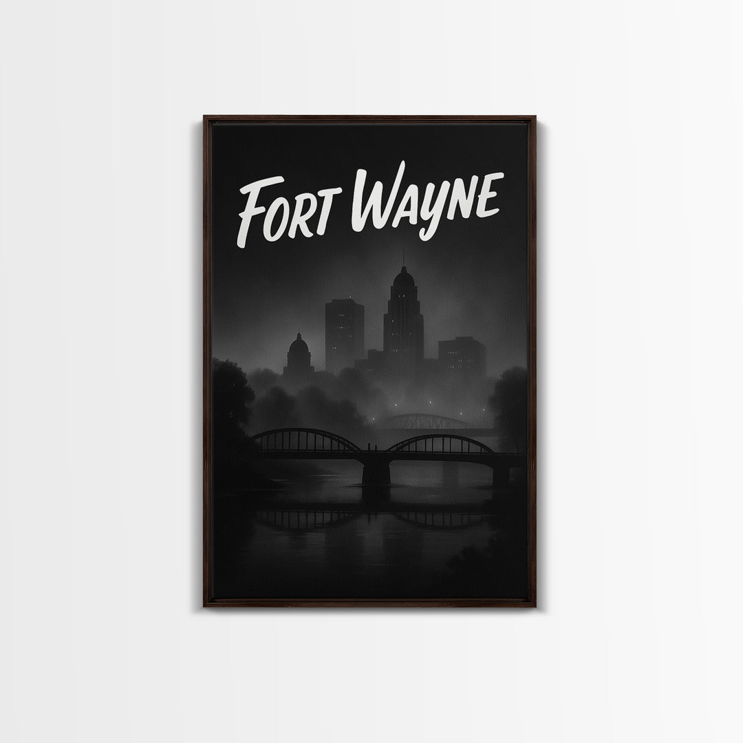 Fort Wayne Travel Poster, Canvas Print, Night Street Poster Art, Fort Wayne Wall Art, City Illustration, Living Room Wall Art, Design 2