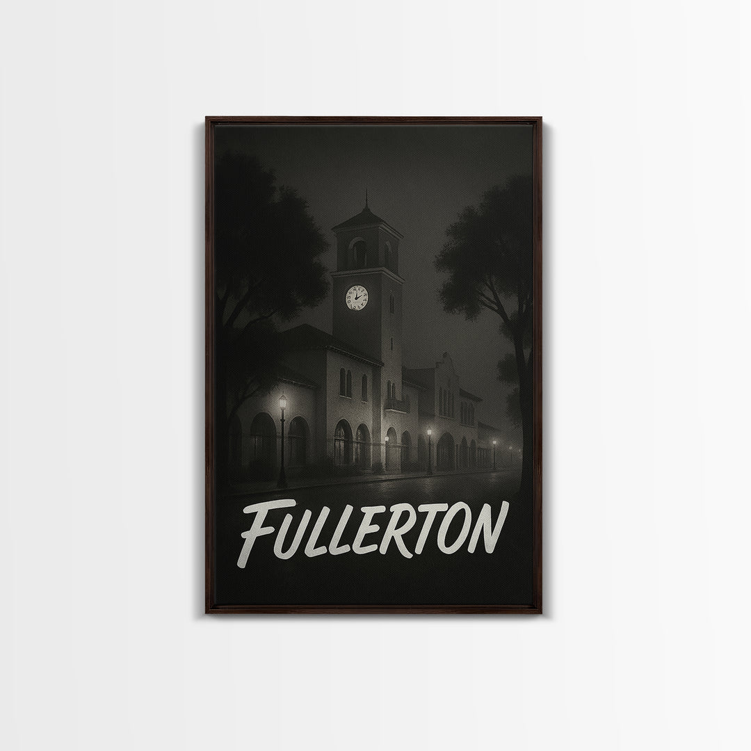 Fullerton Travel Poster, Framed Canvas Print, Dark Moody City Wall Art, Fullerton Wall Art, Eclectic Wall Decor, Modern Wall Decor