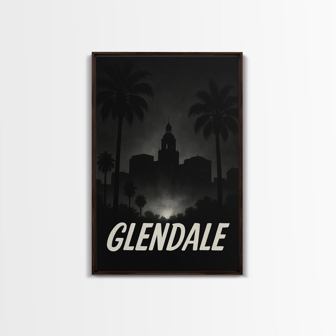 Glendale Travel Poster, Framed Canvas Print, Night Street Poster Art, Glendale Poster Print, Watercolor Skyline, City Illustration