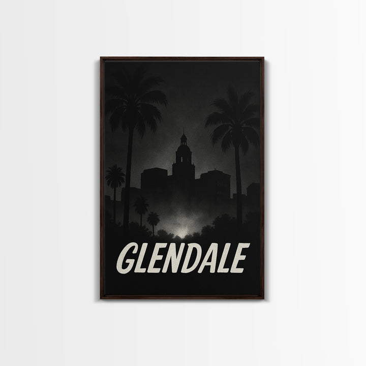 Glendale Travel Poster, Framed Canvas Print, Night Street Poster Art, Glendale Poster Print, Watercolor Skyline, City Illustration