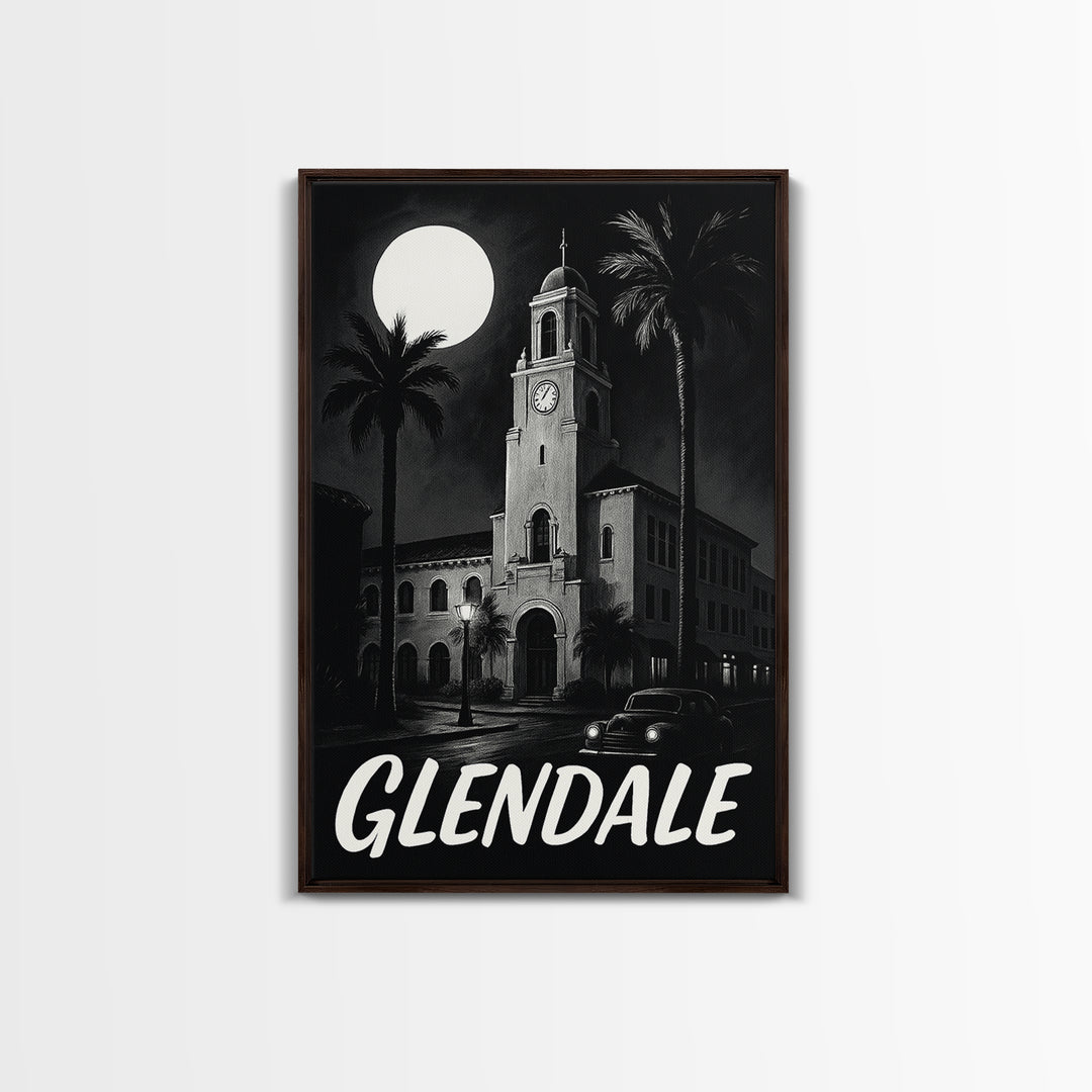 Glendale Travel Poster, Framed Canvas Print, Night Street Poster Art, Glendale City Art, Wanderlust Decor, Travel Wall Decor, Design 4