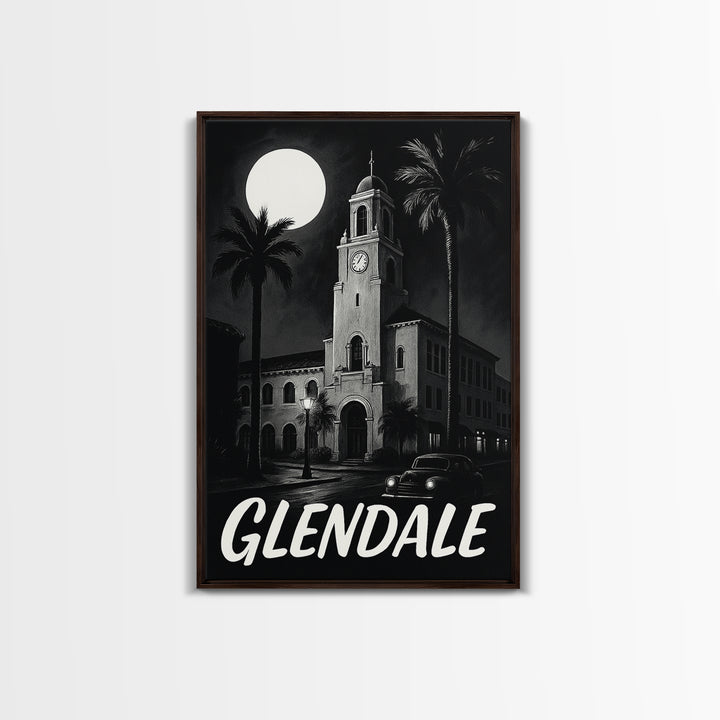 Glendale Travel Poster, Framed Canvas Print, Night Street Poster Art, Glendale City Art, Wanderlust Decor, Travel Wall Decor, Design 4