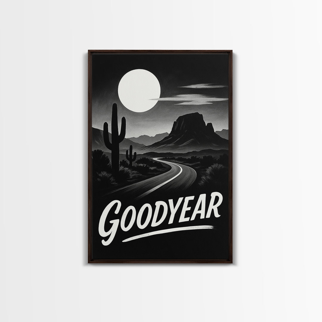 Goodyear Travel Poster, Framed Canvas Print, Vintage Noir Poster Art, Goodyear Travel Art, Living Room Wall Art, Mid Century Wall Art