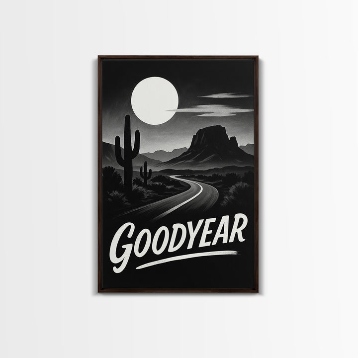 Goodyear Travel Poster, Framed Canvas Print, Vintage Noir Poster Art, Goodyear Travel Art, Living Room Wall Art, Mid Century Wall Art