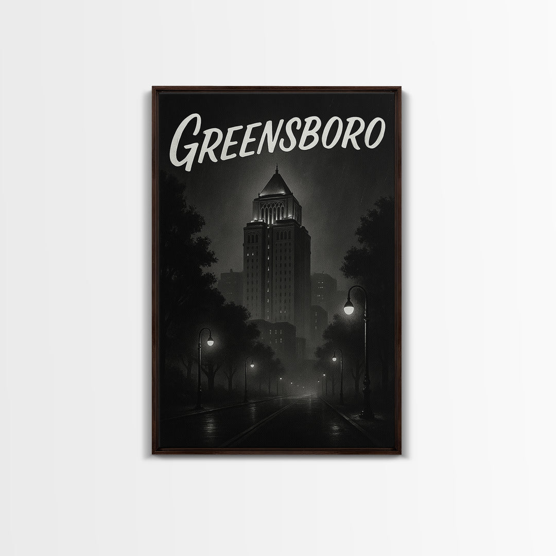 Greensboro Travel Poster, Framed Canvas Print, Black And White Travel Art, Greensboro Poster Print, Living Room Wall Art, Home Office Decor