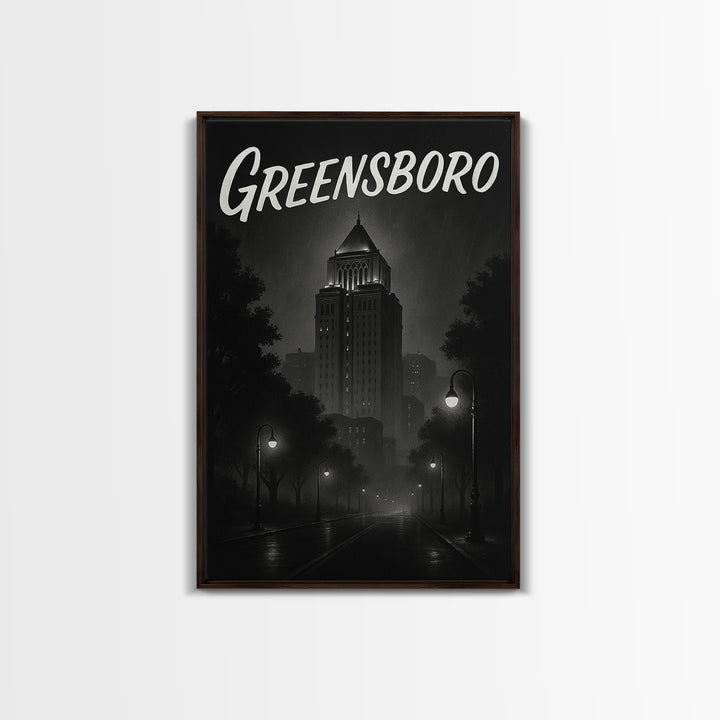 Greensboro Travel Poster, Framed Canvas Print, Black And White Travel Art, Greensboro Poster Print, Living Room Wall Art, Home Office Decor