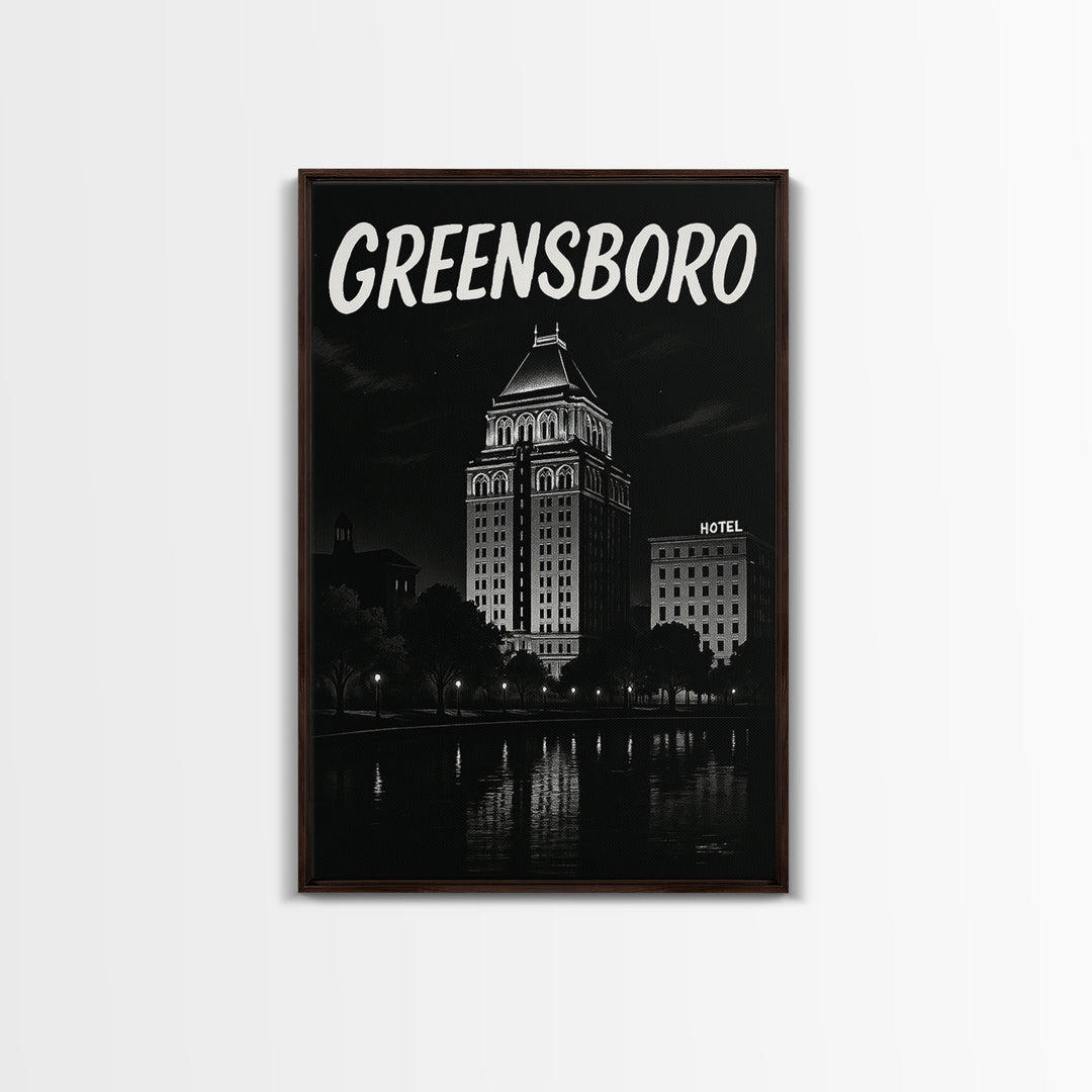 Greensboro Travel Poster, Framed Canvas Print, Black And White Travel Art, Greensboro City Art, Travel Poster Set, City Travel Prints