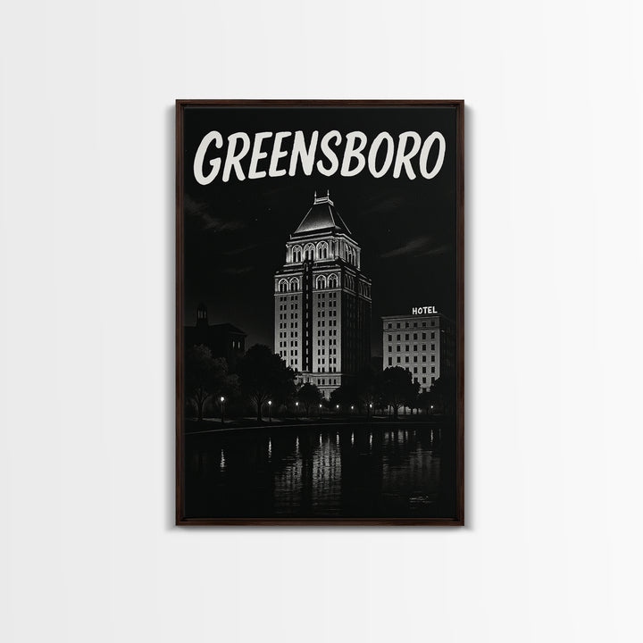 Greensboro Travel Poster, Framed Canvas Print, Black And White Travel Art, Greensboro City Art, Travel Poster Set, City Travel Prints