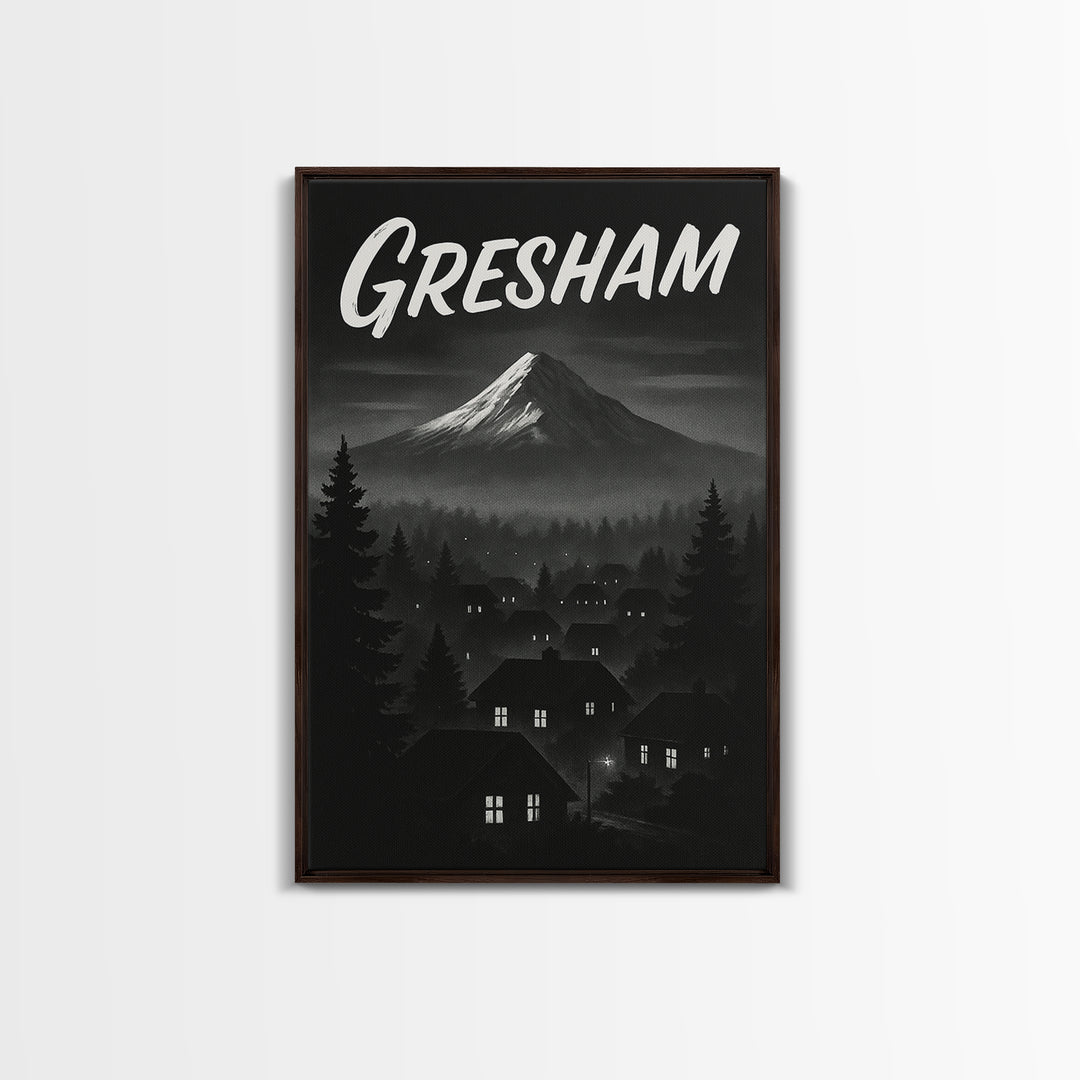 Gresham Oregon Travel Poster, Framed Canvas Print, Black And White Travel Art, Gresham City Art, Vintage City Poster, Travel Wall Art