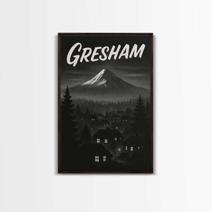 Gresham Oregon Travel Poster, Framed Canvas Print, Black And White Travel Art, Gresham City Art, Vintage City Poster, Travel Wall Art