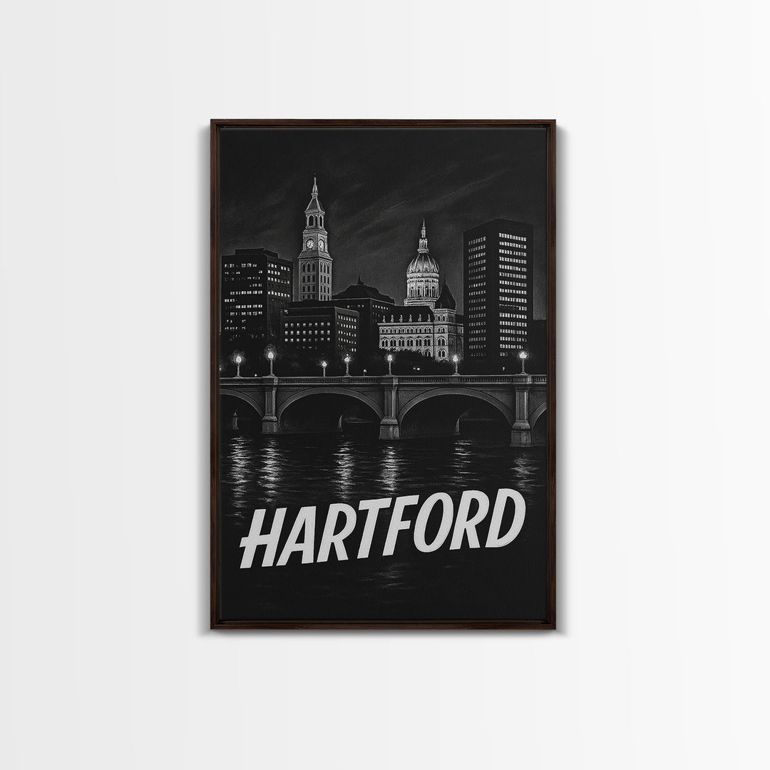 Hartford Connecticut Travel Poster, Framed Canvas Print, Dark Moody City Wall Art, Hartford Poster Print, Travel Art Print, Wanderlust Decor