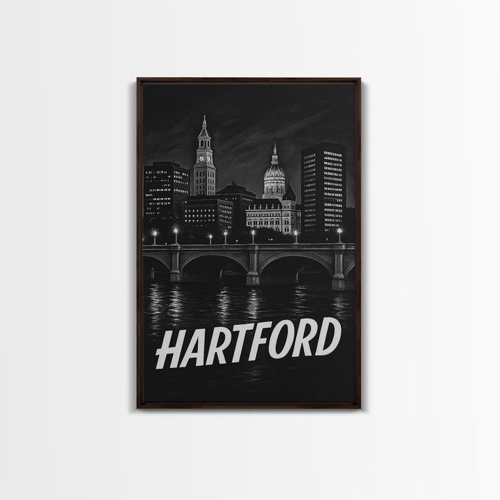 Hartford Connecticut Travel Poster, Framed Canvas Print, Dark Moody City Wall Art, Hartford Poster Print, Travel Art Print, Wanderlust Decor