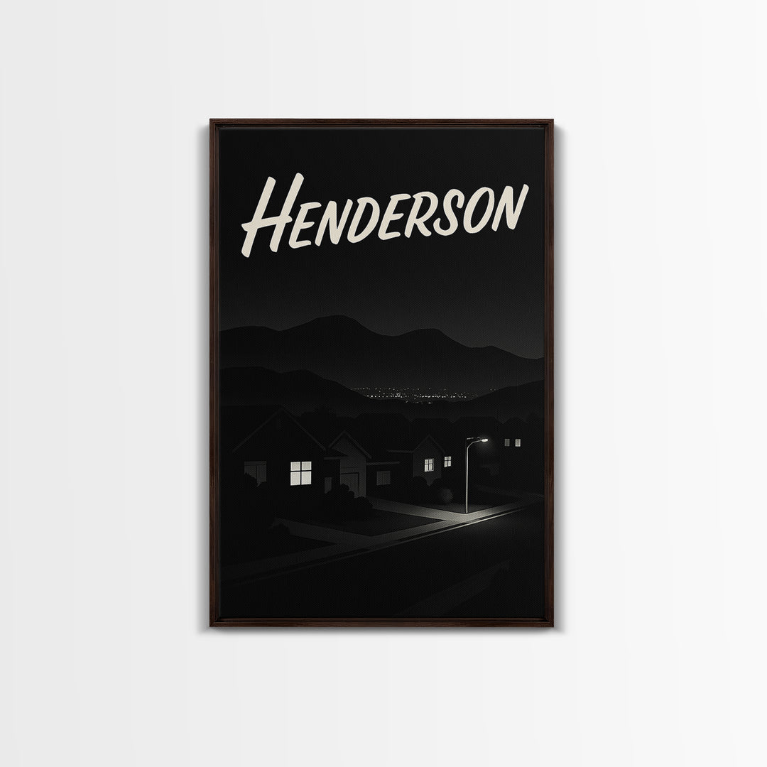 Henderson Travel Poster, Framed Canvas Print, Dark Moody City Wall Art, Henderson Art Print, Vintage Travel Print, City Illustration