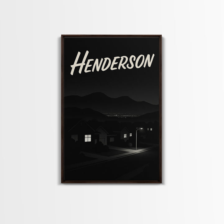 Henderson Travel Poster, Framed Canvas Print, Dark Moody City Wall Art, Henderson Art Print, Vintage Travel Print, City Illustration