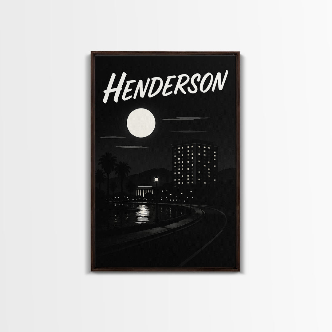 Henderson Travel Poster, Framed Canvas Print, Dark Moody City Wall Art, Henderson Art Print, Gift For Travelers, Modern Wall Decor