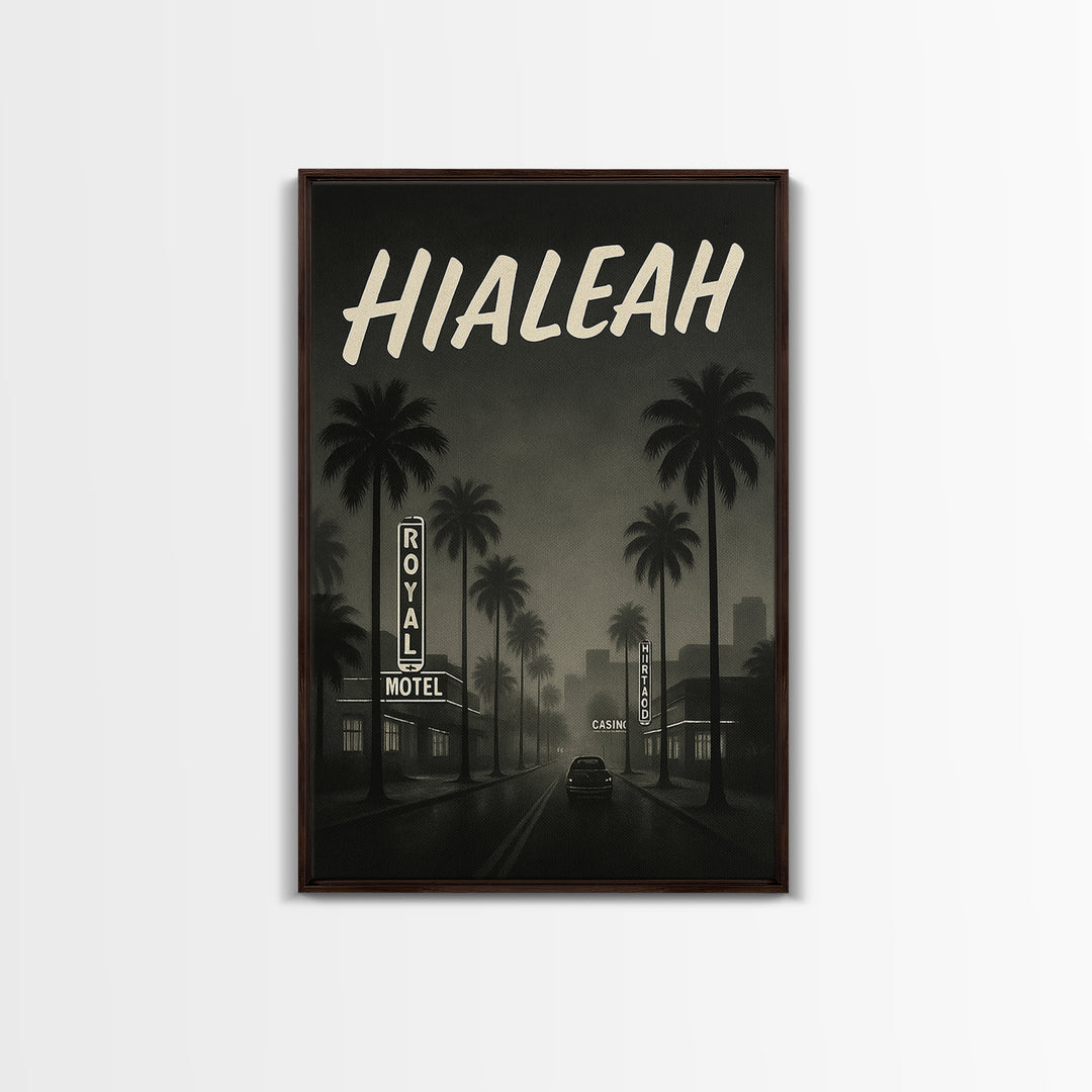Hialeah Florida Travel Poster, Framed Canvas Print, Dark Moody City Wall Art, Hialeah Poster Print, Living Room Wall Art, Fine Art Print