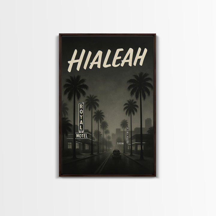 Hialeah Florida Travel Poster, Framed Canvas Print, Dark Moody City Wall Art, Hialeah Poster Print, Living Room Wall Art, Fine Art Print