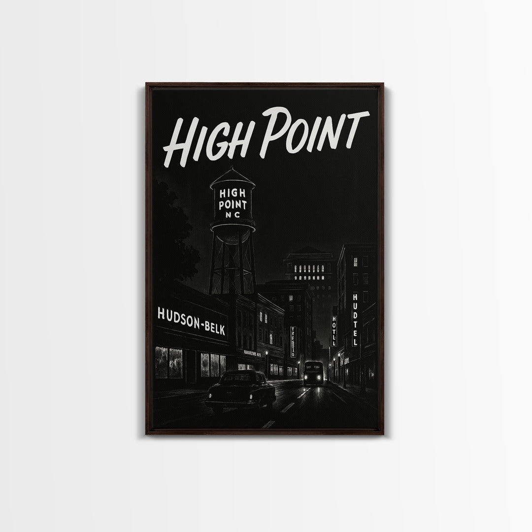 High Point Travel Poster, Framed Canvas Print, Black And White Travel Art, High Point Poster Print, Retro Travel Print, Vintage City Poster