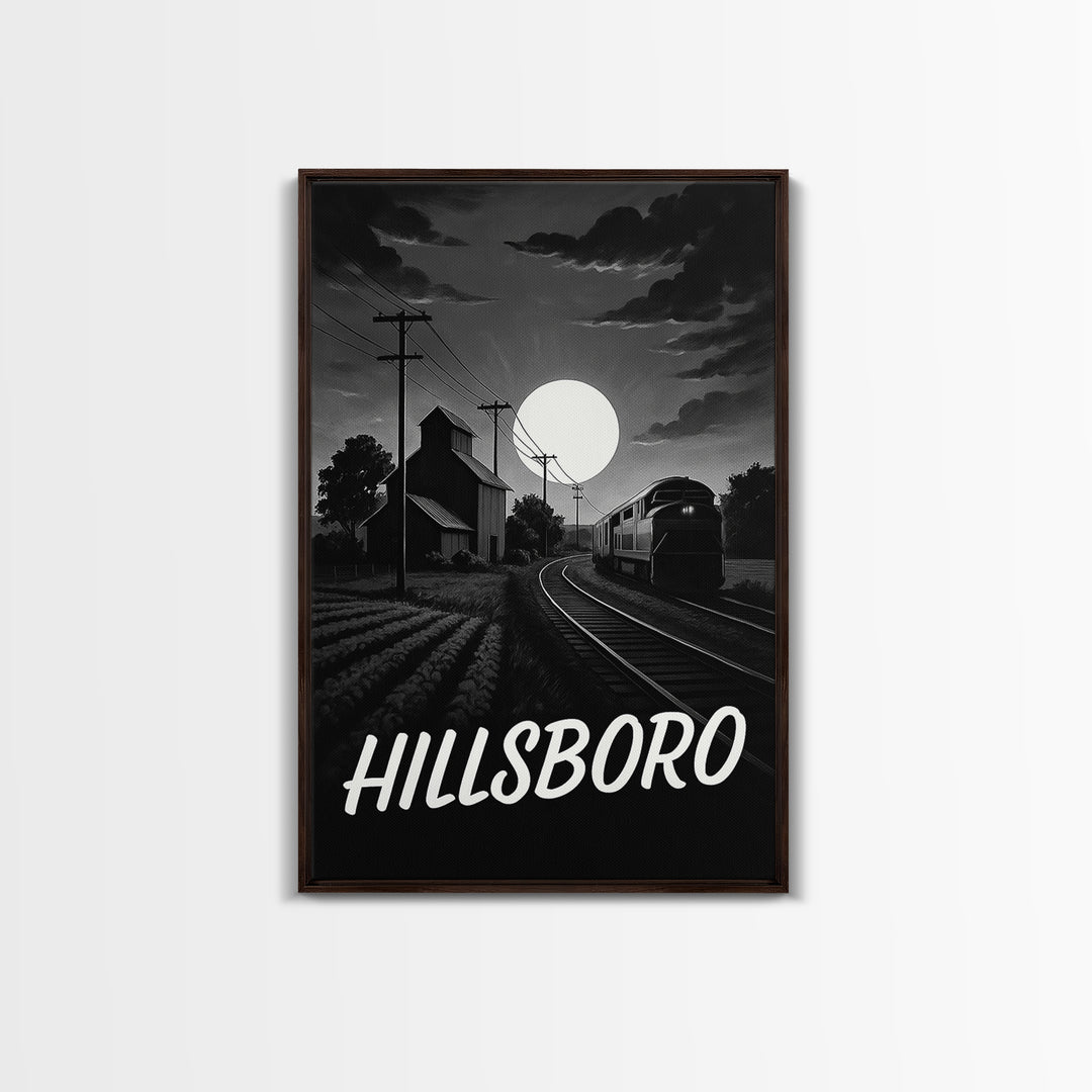 Hillsboro Travel Poster, Canvas Print, Dark Moody City Wall Art, Hillsboro Art Print, Living Room Wall Art, Vintage Travel Art