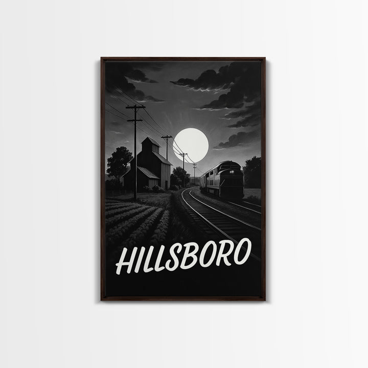 Hillsboro Travel Poster, Canvas Print, Dark Moody City Wall Art, Hillsboro Art Print, Living Room Wall Art, Vintage Travel Art