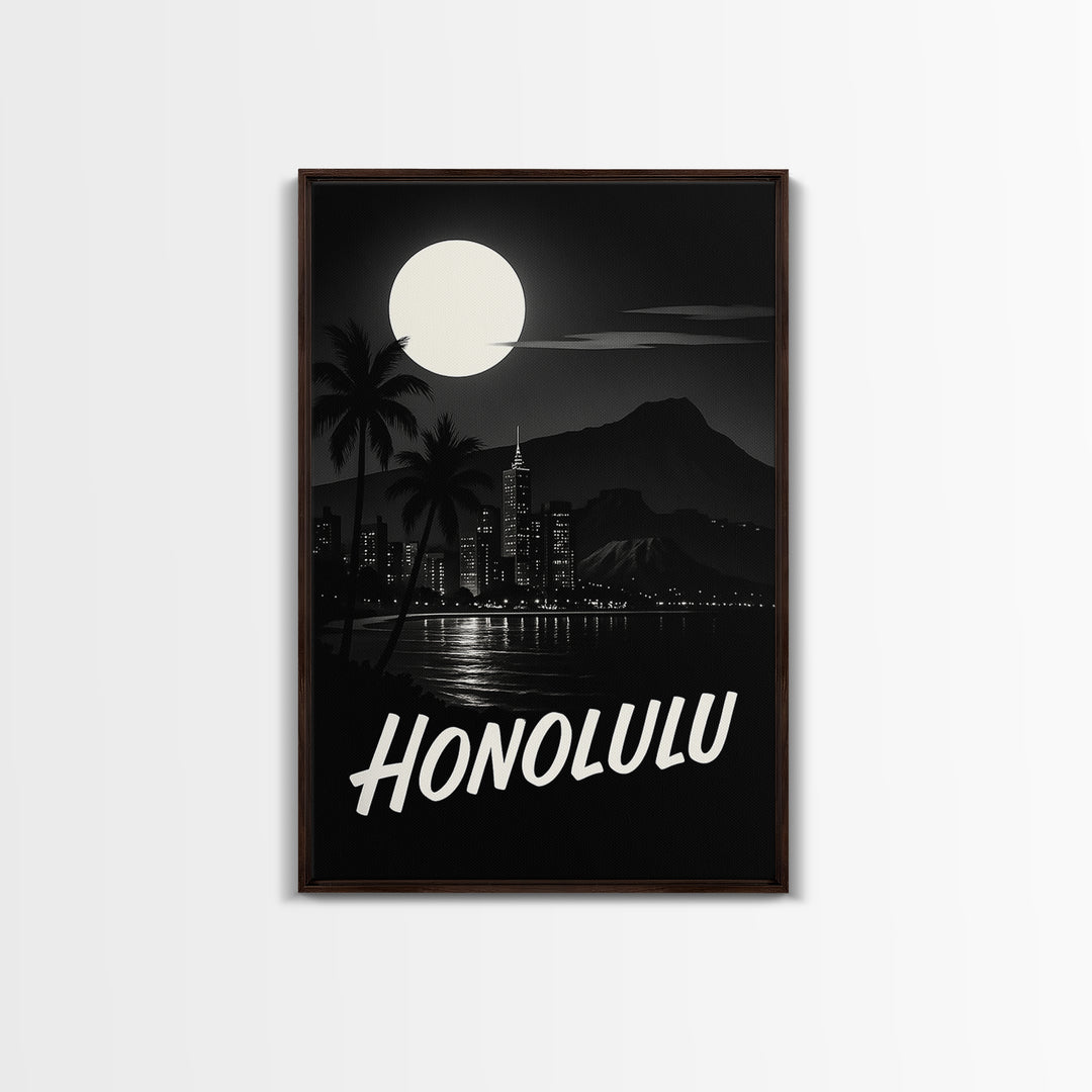 Honolulu Hawaii Travel Poster, Framed Canvas Print, Night Street Poster Art, Honolulu Travel Art, Home Office Decor, Modern Wall Decor