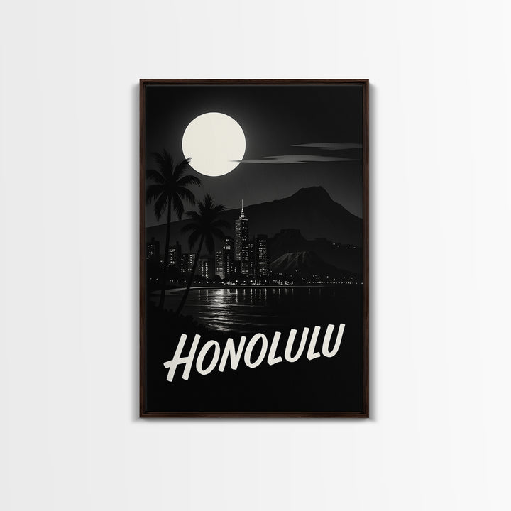Honolulu Hawaii Travel Poster, Framed Canvas Print, Night Street Poster Art, Honolulu Travel Art, Home Office Decor, Modern Wall Decor