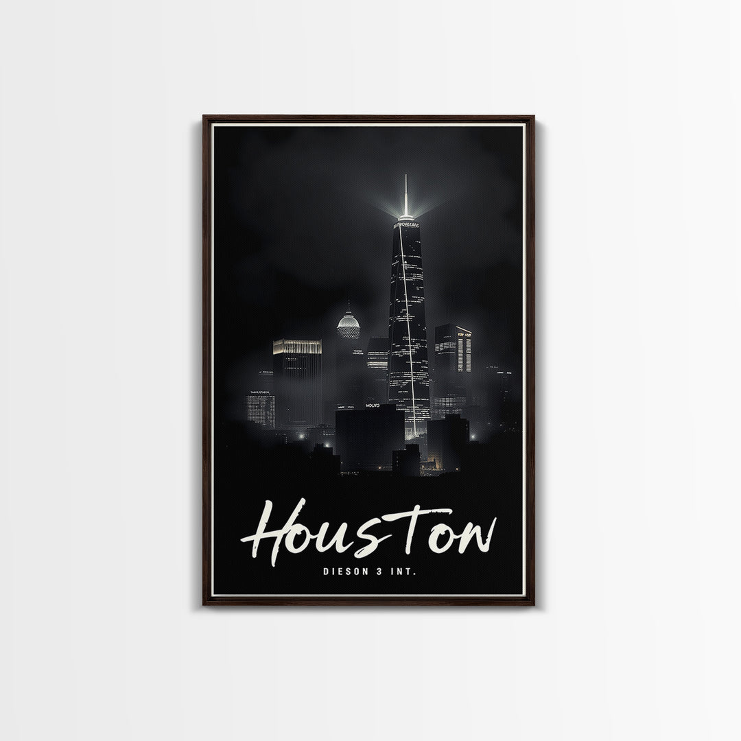 Houston Texas Travel Poster, Framed Canvas Print, Dark Moody City Wall Art, Houston City Art, Gift For Travelers, Living Room Wall Art