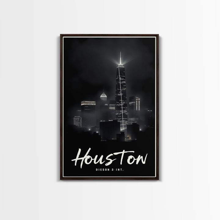Houston Texas Travel Poster, Framed Canvas Print, Dark Moody City Wall Art, Houston City Art, Gift For Travelers, Living Room Wall Art