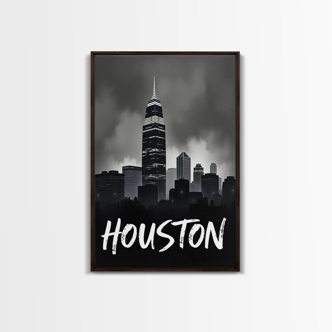 Houston Travel Poster, Framed Canvas Print, Black And White Travel Art, Houston Art Print, Retro Travel Print, City Travel Prints