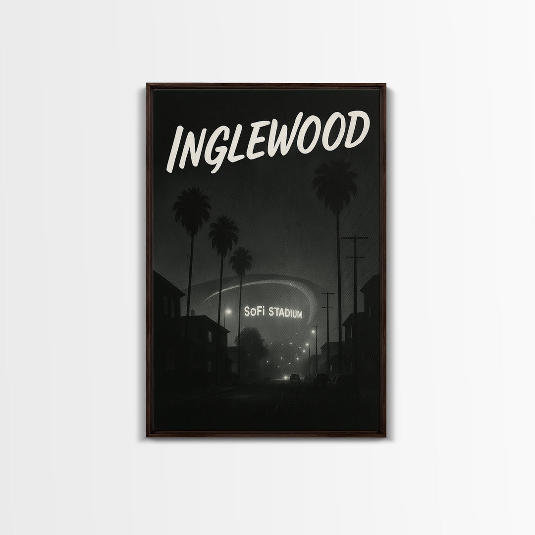 Inglewood California Travel Poster, Framed Canvas Print, Night Street Poster Art, Inglewood City Art, City Illustration, Vintage City Poster