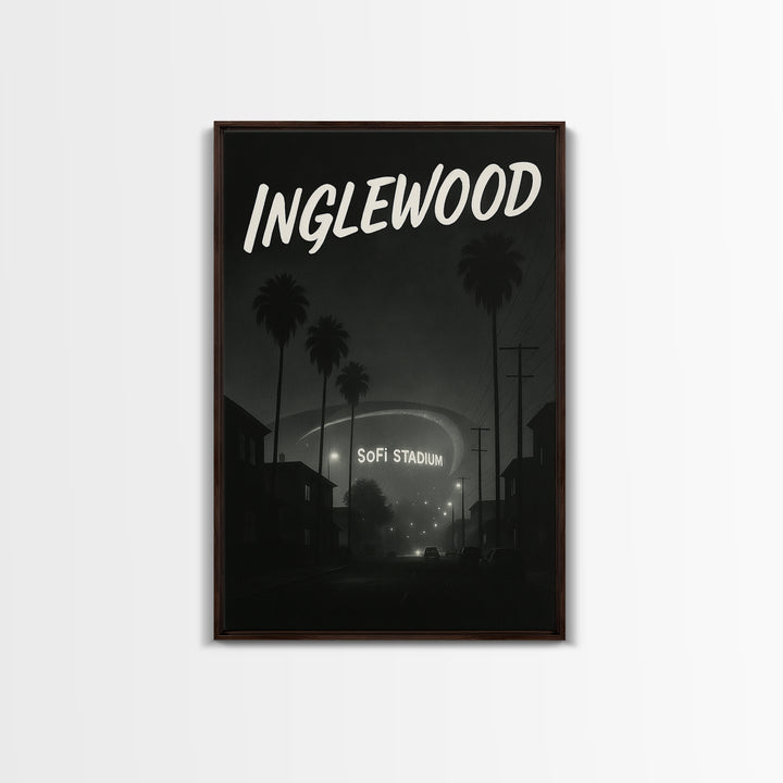 Inglewood California Travel Poster, Framed Canvas Print, Night Street Poster Art, Inglewood City Art, City Illustration, Vintage City Poster