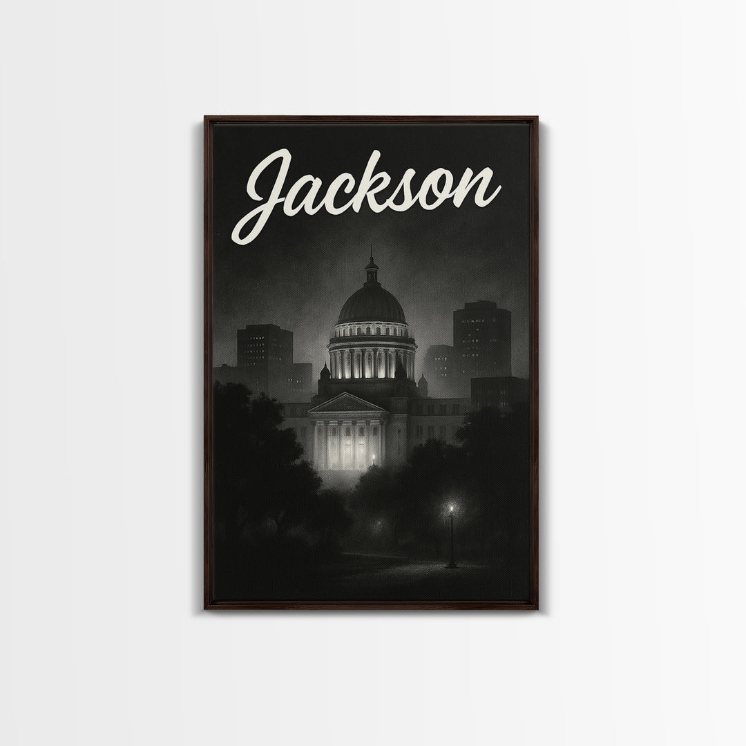 Jackson Mississippi Travel Poster, Framed Canvas Print, Dark Moody City Wall Art, Jackson City Art, City Illustration, Retro Travel Print