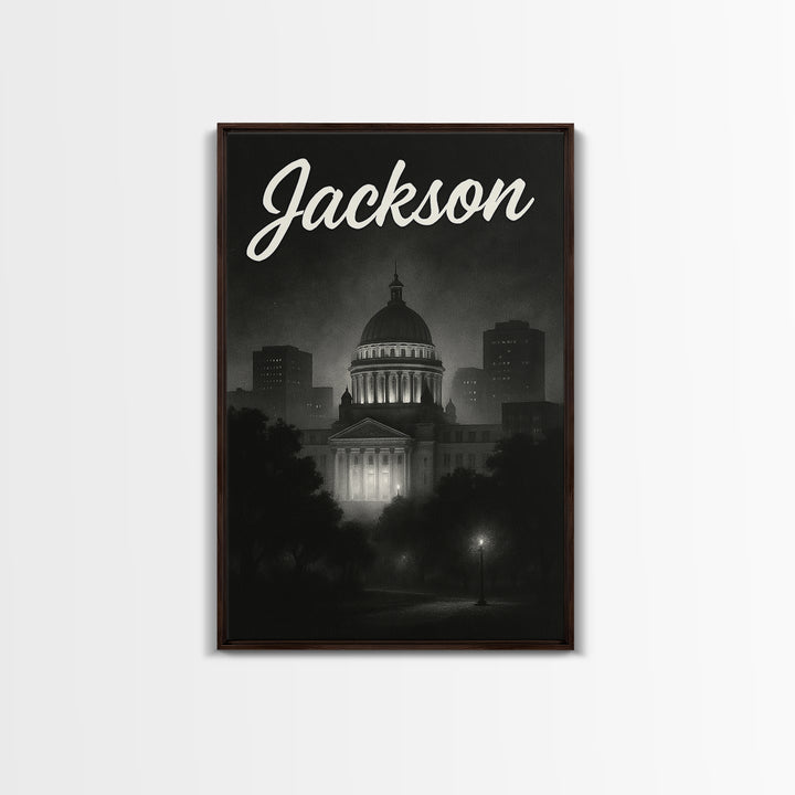 Jackson Mississippi Travel Poster, Framed Canvas Print, Dark Moody City Wall Art, Jackson City Art, City Illustration, Retro Travel Print