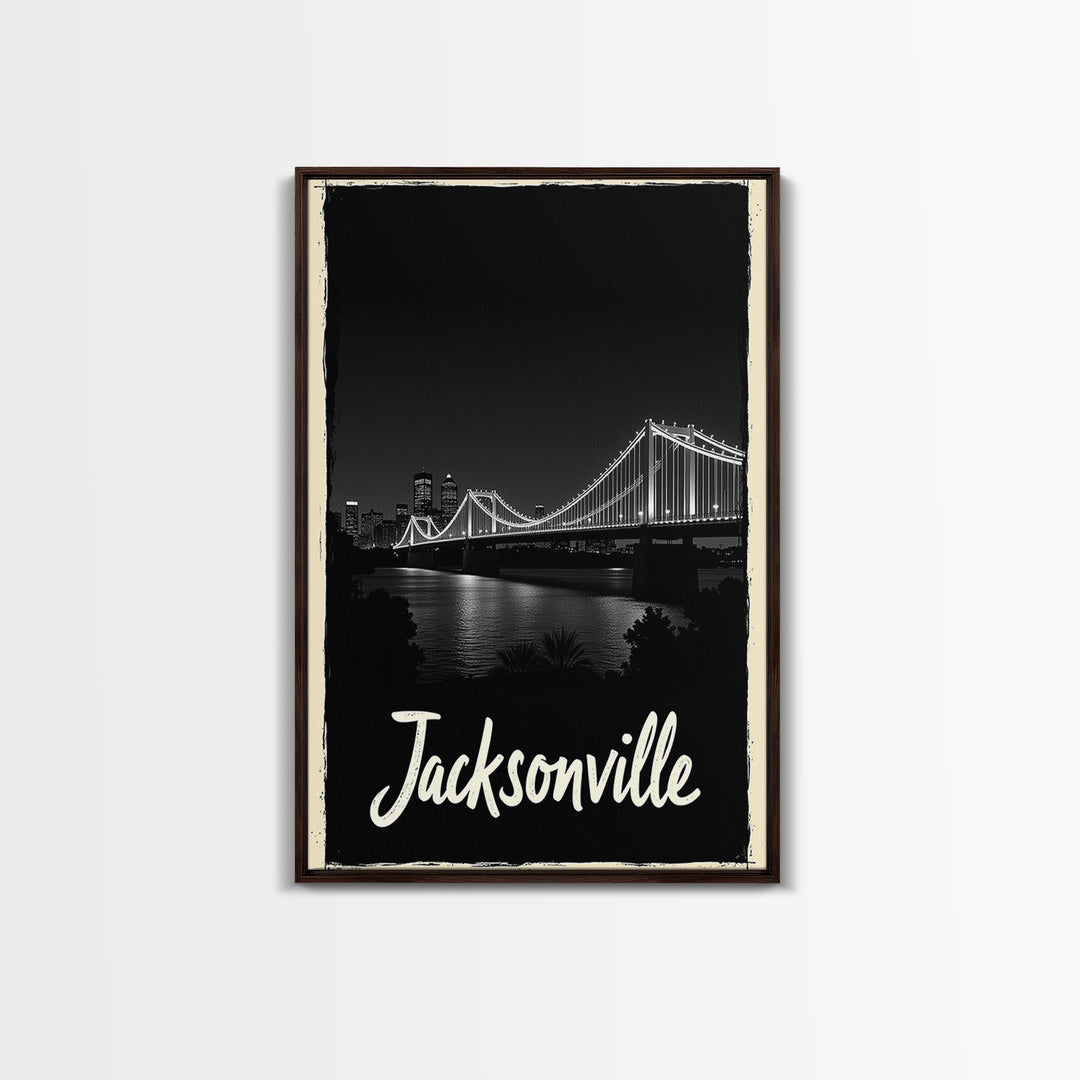 Jacksonville Travel Poster, Framed Canvas Print, Black And White Travel Art, Jacksonville Art Print, Retro Travel Print, Home Office Decor