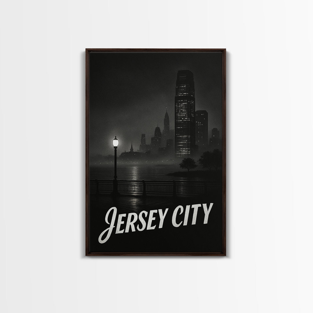 Jersey City Travel Poster, Framed Canvas Print, Vintage Noir Poster Art, Jersey City Wall Art, City Travel Prints, Vintage Travel Art