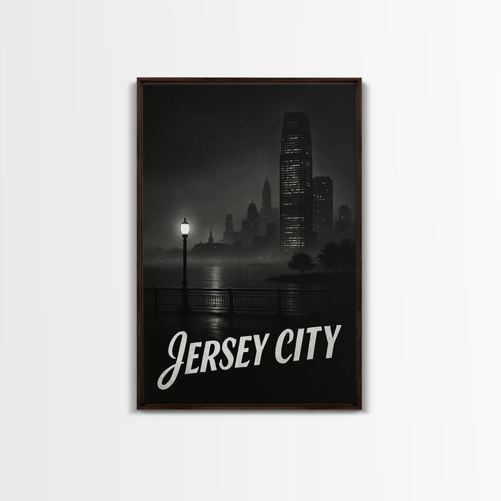 Jersey City Travel Poster, Framed Canvas Print, Vintage Noir Poster Art, Jersey City Wall Art, City Travel Prints, Vintage Travel Art