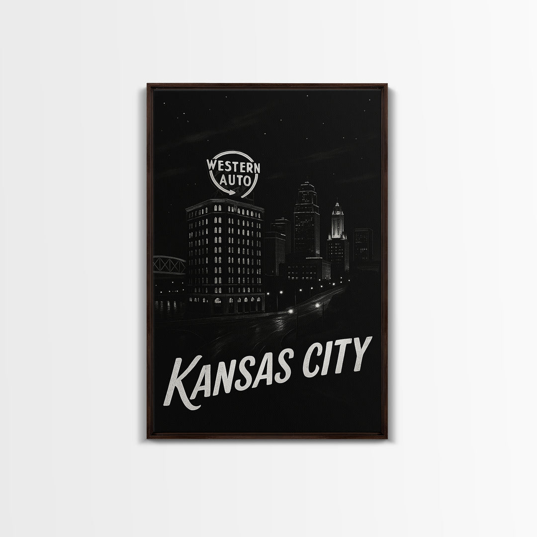 Kansas City Missouri Travel Poster, Canvas Print, Dark Moody City Wall Art, Kansas City Poster Print, City Illustration, Eclectic Wall Decor